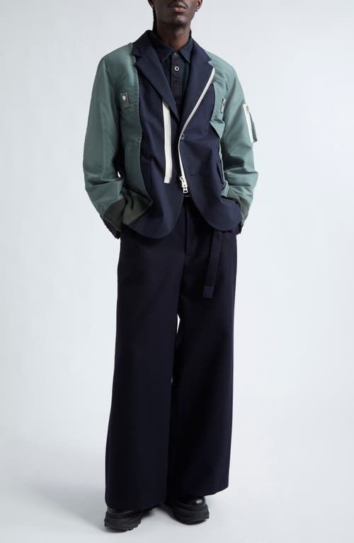 Shop Sacai Mixed Media Suiting Bomber Jacket In Green/dark Blue