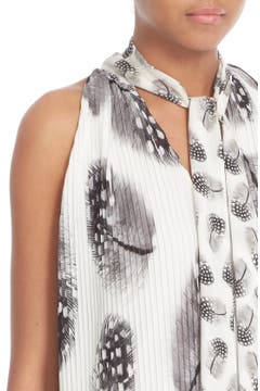 Prabal Gurung Feather Print Tie Neck Pleated Chiffon Blouse | Nordstrom