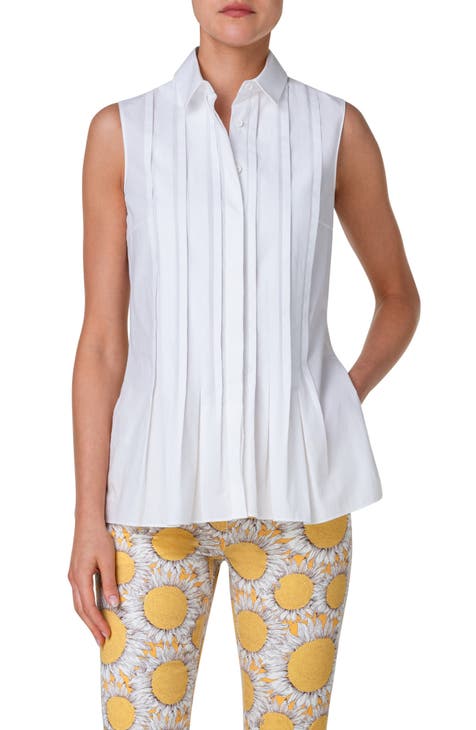 Pintuck Sleeveless Cotton Button-Up Shirt