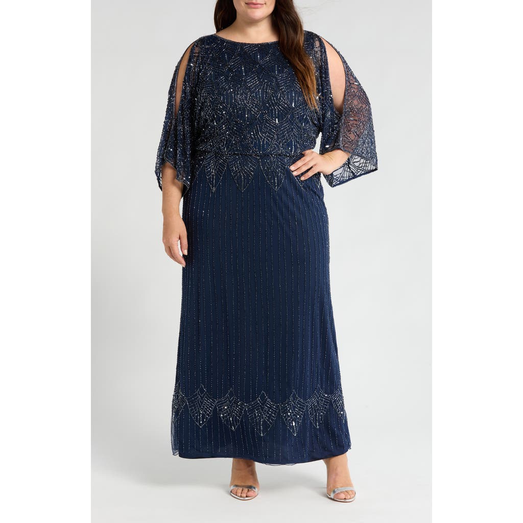 Pisarro Nights Beaded Cold Shoulder Blouson Gown in Navy 410