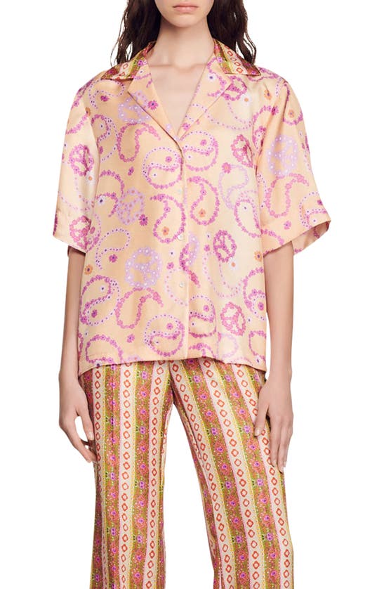 Sandro Kimy Printed Silk Button Down Shirt In Peach