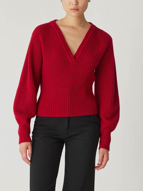 Rebecca Taylor Novlety Wool Victorian Slv V Neck In Red Lip