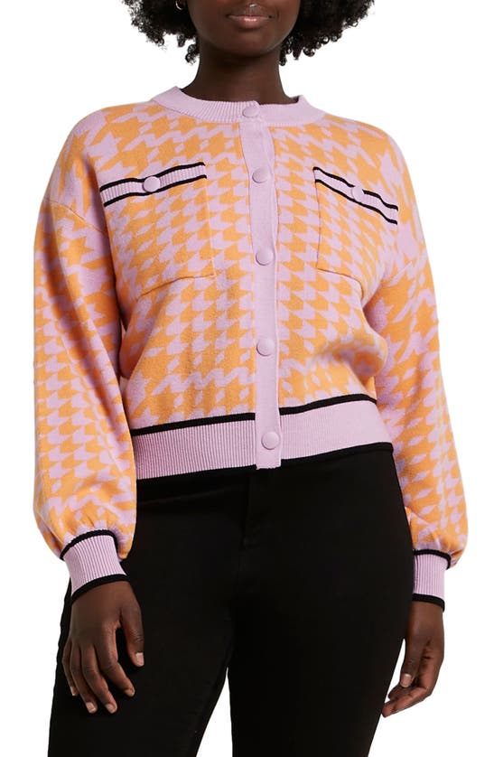River Island Houndstooth Balloon Sleeve Bomber Cardigan In Orange
