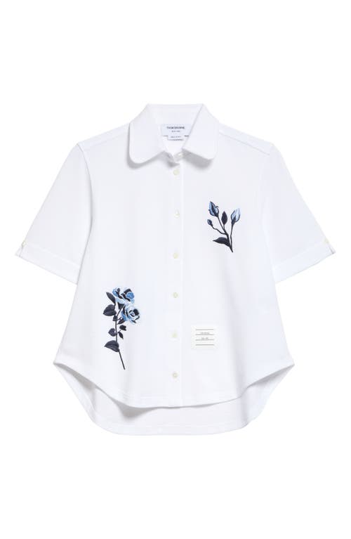 Thom Browne Embroidered Short Sleeve Cotton Button-up Shirt In White