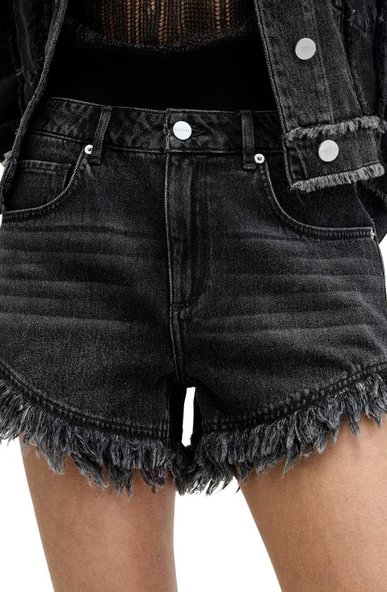 Shop Allsaints Astrid Frayed High Waist Denim Shorts In Washed Black