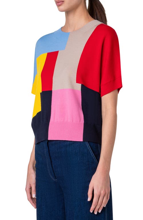 Shop Akris Punto Nyc Paper Collage Short Sleeve Cashwool® Crop Sweater In Blue Multicolor