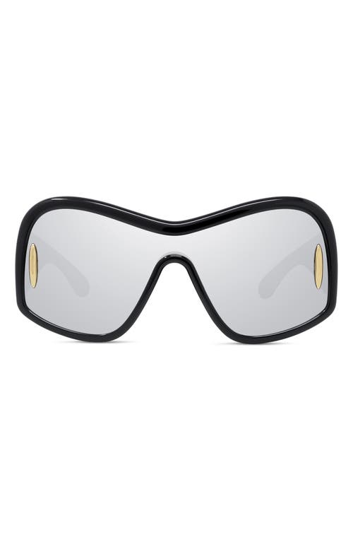 Loewe Anagram 144mm Mirrored Mask Sunglasses in Shiny Black /Smoke Mirror at Nordstrom