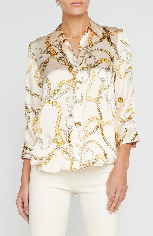 Dani Chain Print Silk Button-Up Shirt in Ecru Multi Oversized Chain