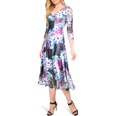Petite Komarov Floral Charmeuse & Chiffon Midi Dress, Purple