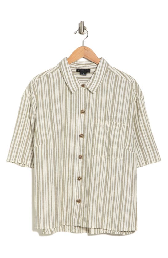 Shop Sanctuary Camp Linen Stripe Button-up Shirt In Green Tea Pencil Stripe