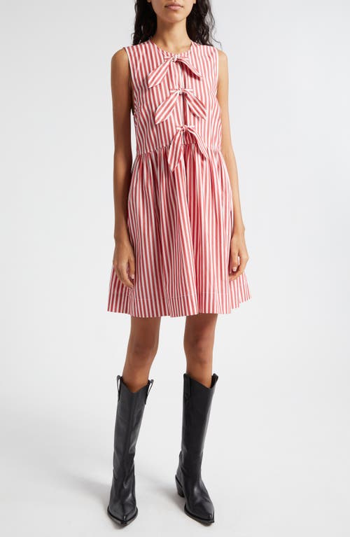 Ganni Stripe Bow Tie Sleeveless Organic Cotton Dress In Barbados Cherry