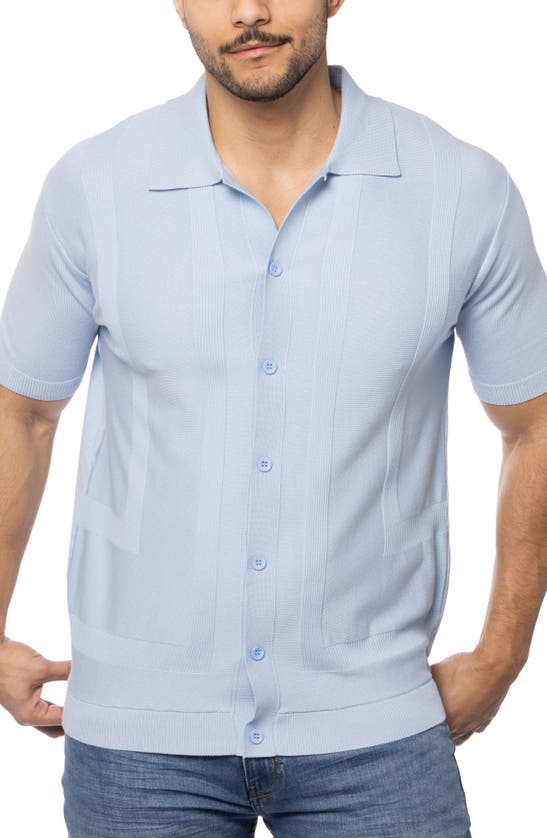 Spring + Mercer Textured Short Sleeve Button-up Sweater In Powder Blue