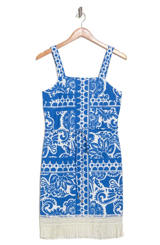 Shop Tahari Asl Border Print Fringe Dress In Blue White