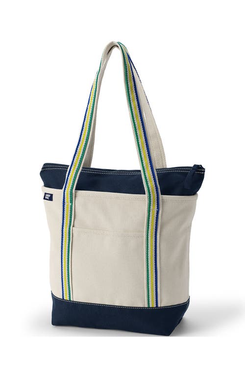 Shop Lands' End Zip Top Long Handle Canvas Tote Bag In Natural/radiant Navy Stripe