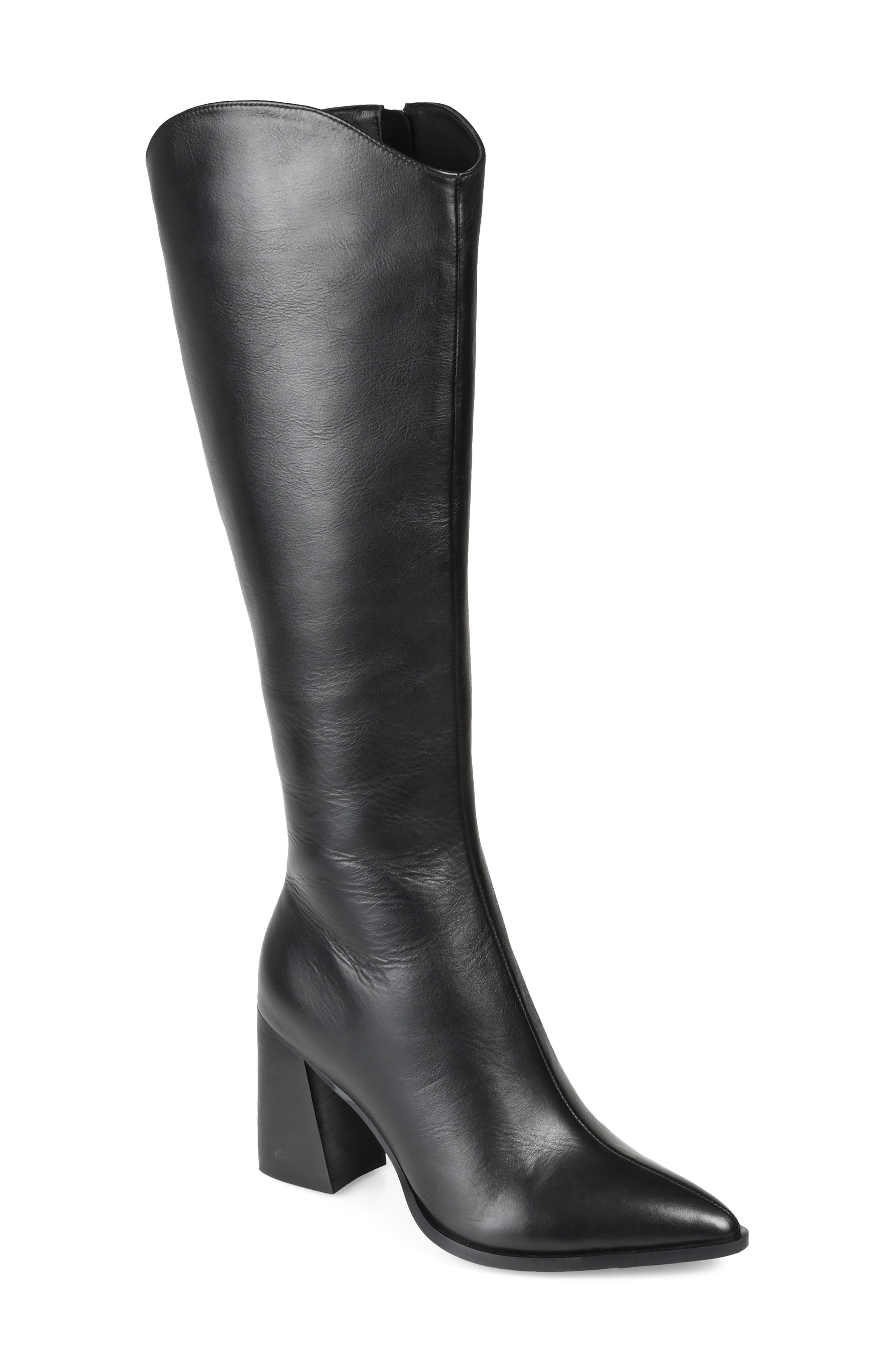 Womens Leather Knee High Boots Ladies Block Heels Wide Calf Riding Shoes Fur Blk 