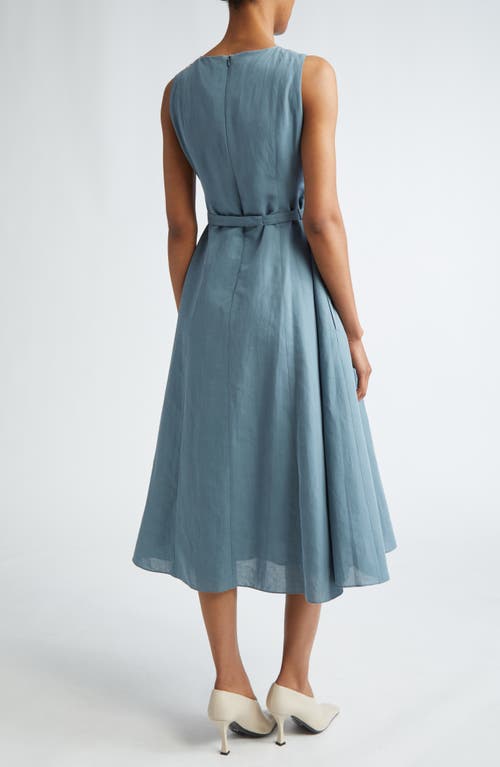 Shop Max Mara Amelie Belted Sleeveless Cotton & Linen A-line Dress In Sky Blue