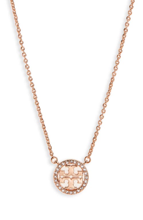 Tory Burch Delicate Crystal Logo Pendant Necklace In Rose Gold/crystal
