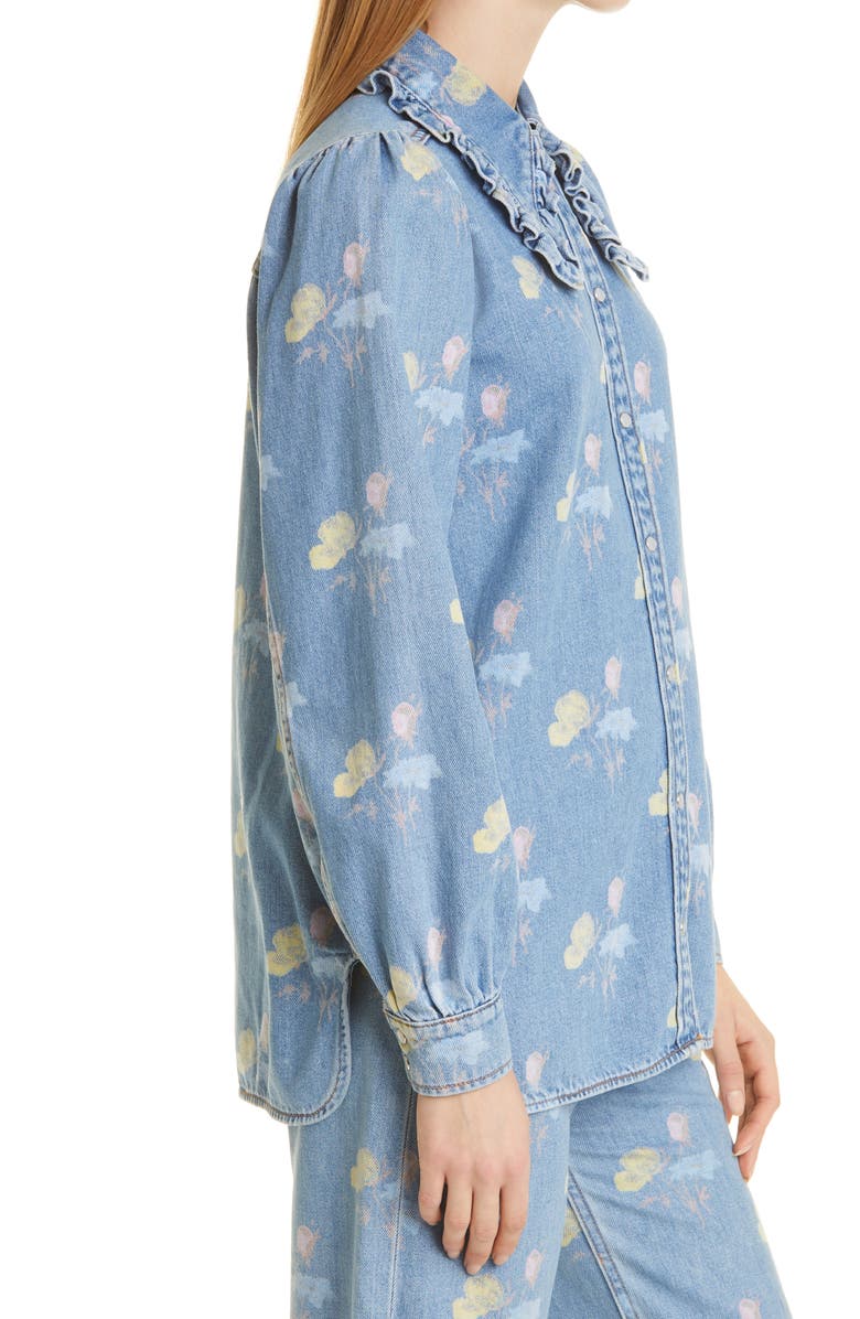 Ganni Print Indigo Frill Collar Organic Cotton Denim Shirt, Alternate, color, 