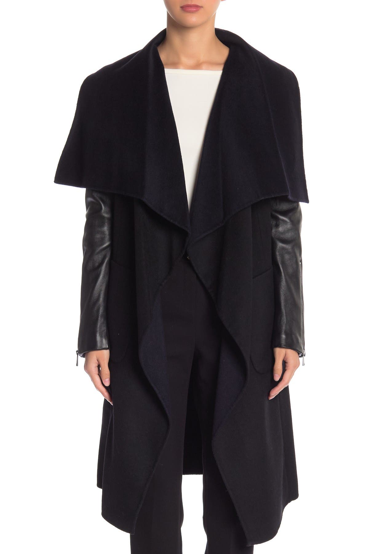 BCBG | Fiona Leather Sleeve Wool Blend Coat | Nordstrom Rack
