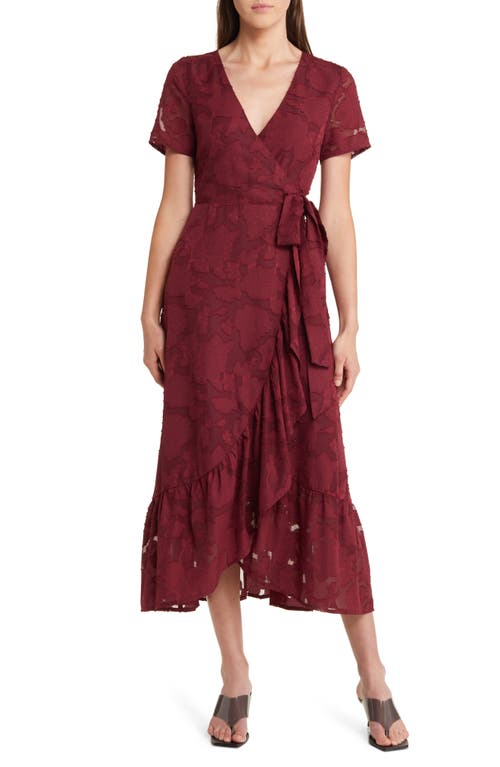 Blissfully Floral Jacquard Midi Wrap Dress in Burgundy