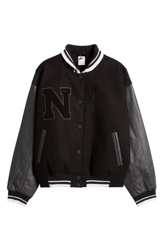 Shop Nike Sportswear Destroyer Leather & Wool Blend Bomber Jacket In Black/ Anthracite/ Anthracite