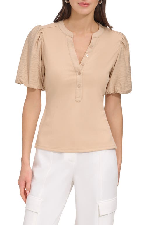 DKNY Puff Sleeve Mixed Media Henley Top at Nordstrom,