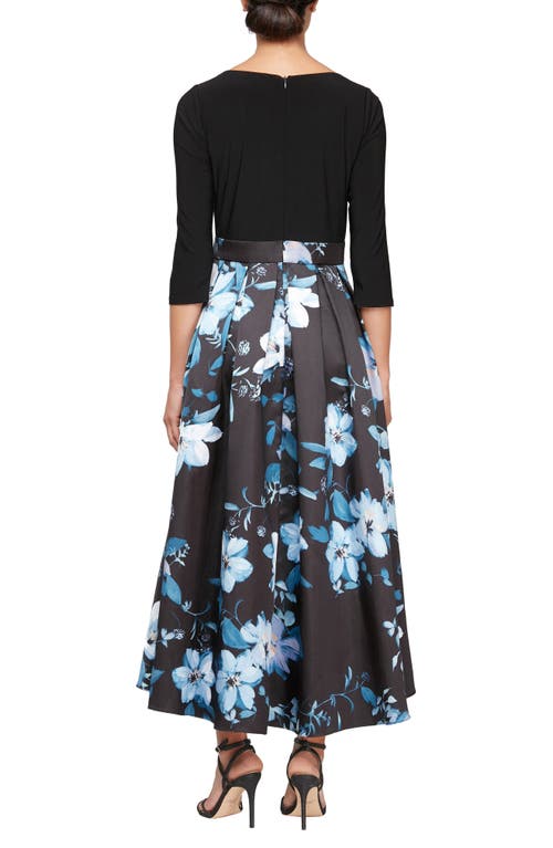 Shop Sl Fashions Floral Tie Waist Mikado Cocktail Dress In Black Multi