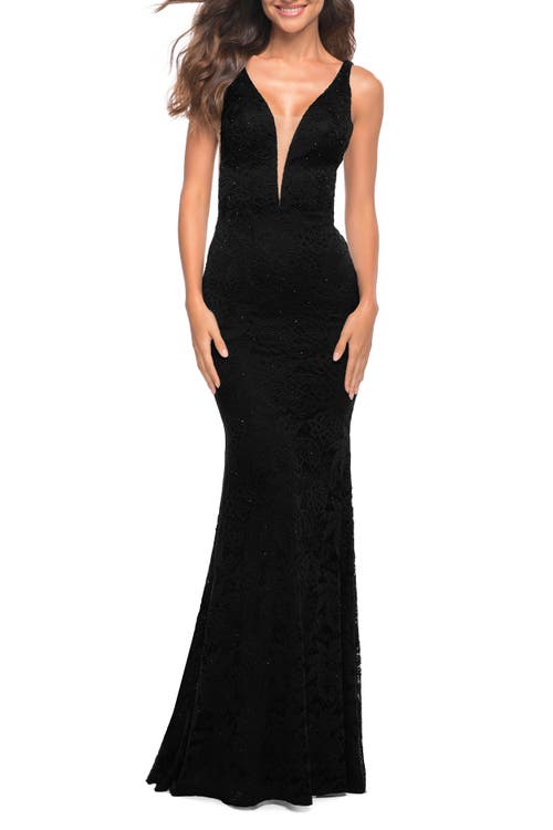 La Femme Chic Stretch Lace Gown With Deep V Neckline In Black