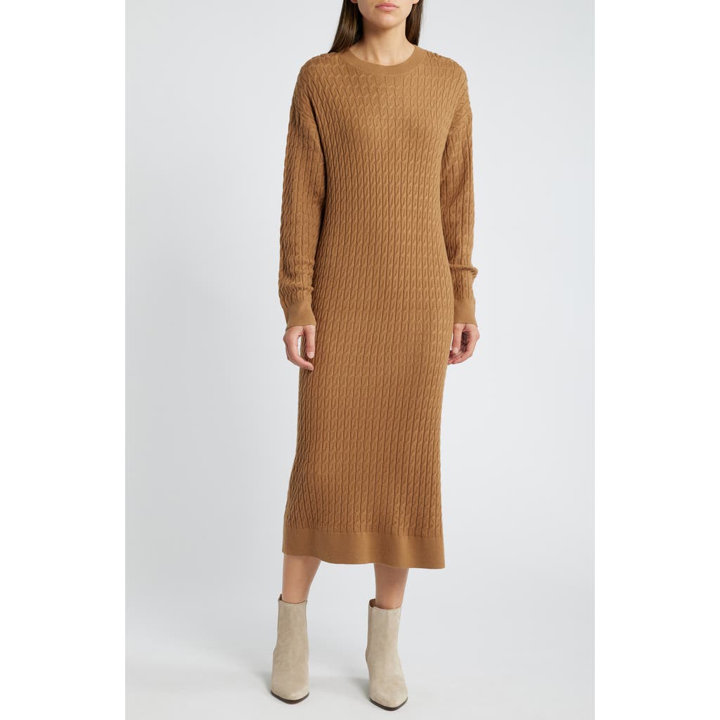 Shop Treasure & Bond Cable Stitch Long Sleeve Midi Sweater Dress In Brown Bear