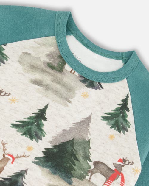 Shop Deux Par Deux Little Boy's Organic Cotton Two Piece Pajama Set Gray Mix And Green Printed Reindeer In Printed Christmas Deer