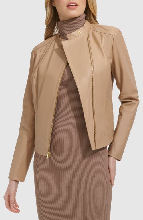 Cole Haan Band Collar Leather Moto Jacket In Sesame