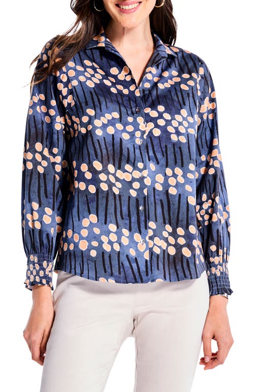 NIC+ZOE Smocked Cuff Stretch Cotton Button-Up Shirt in Blue Multi