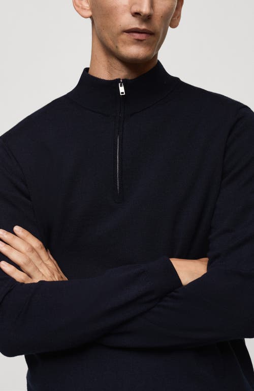 Shop Mango Half Zip Merino Wool Sweater In Dark Navy