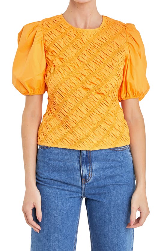 English Factory Asymmetric Shirred Puff Sleeve Top In Orange