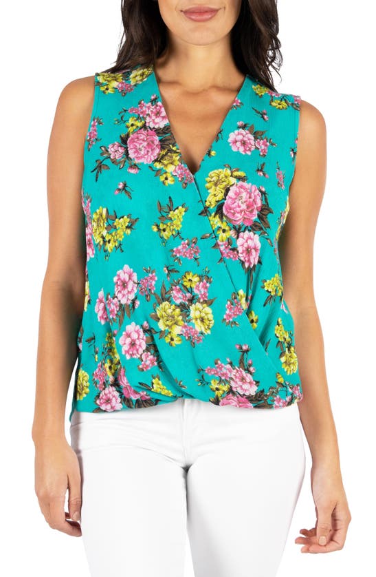 Kut From The Kloth Calla Floral Wrap Front Sleeveless Blouse In Teal