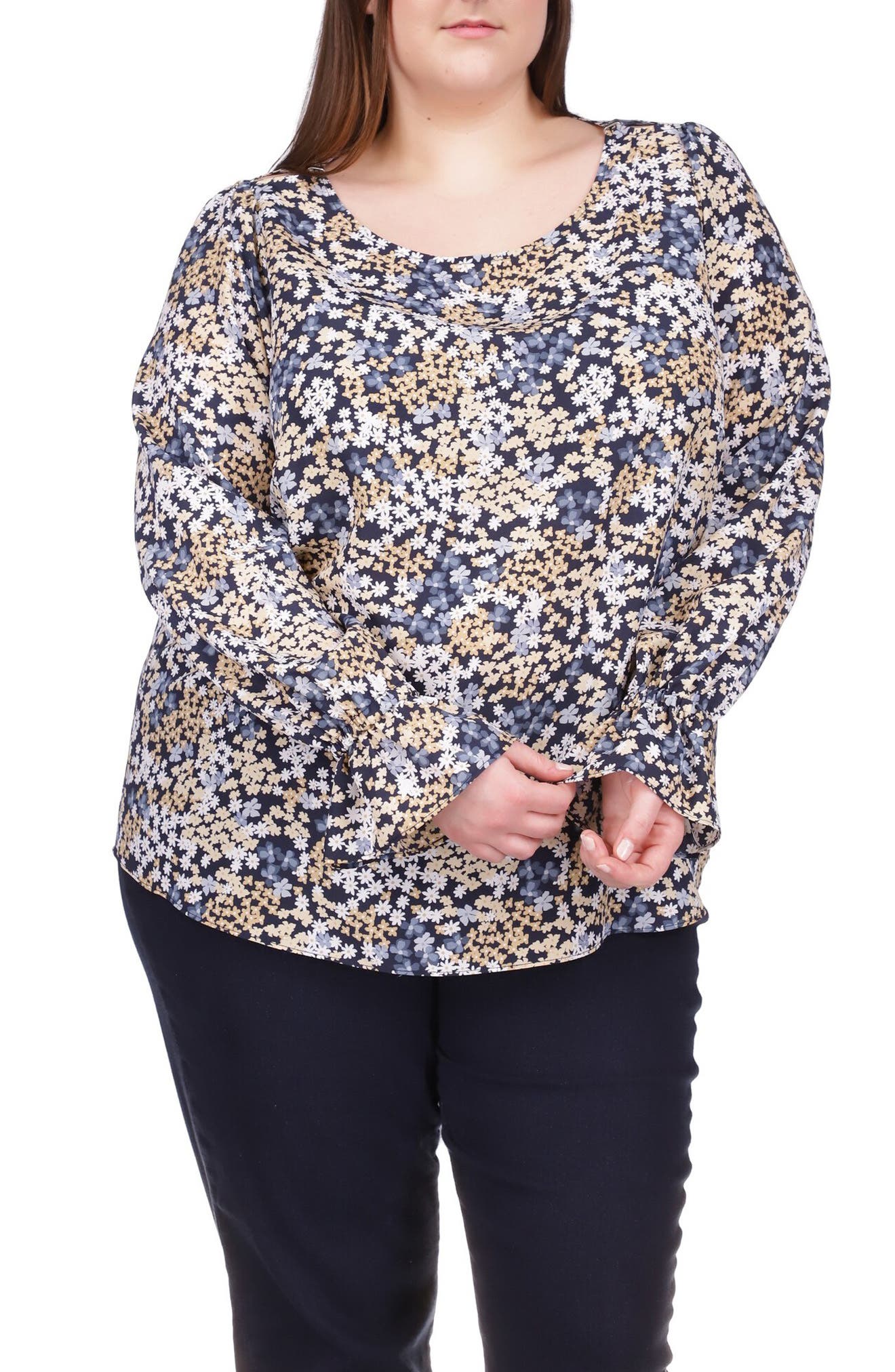 Michael Kors Floral Print Scoop Neck Top in Chambray