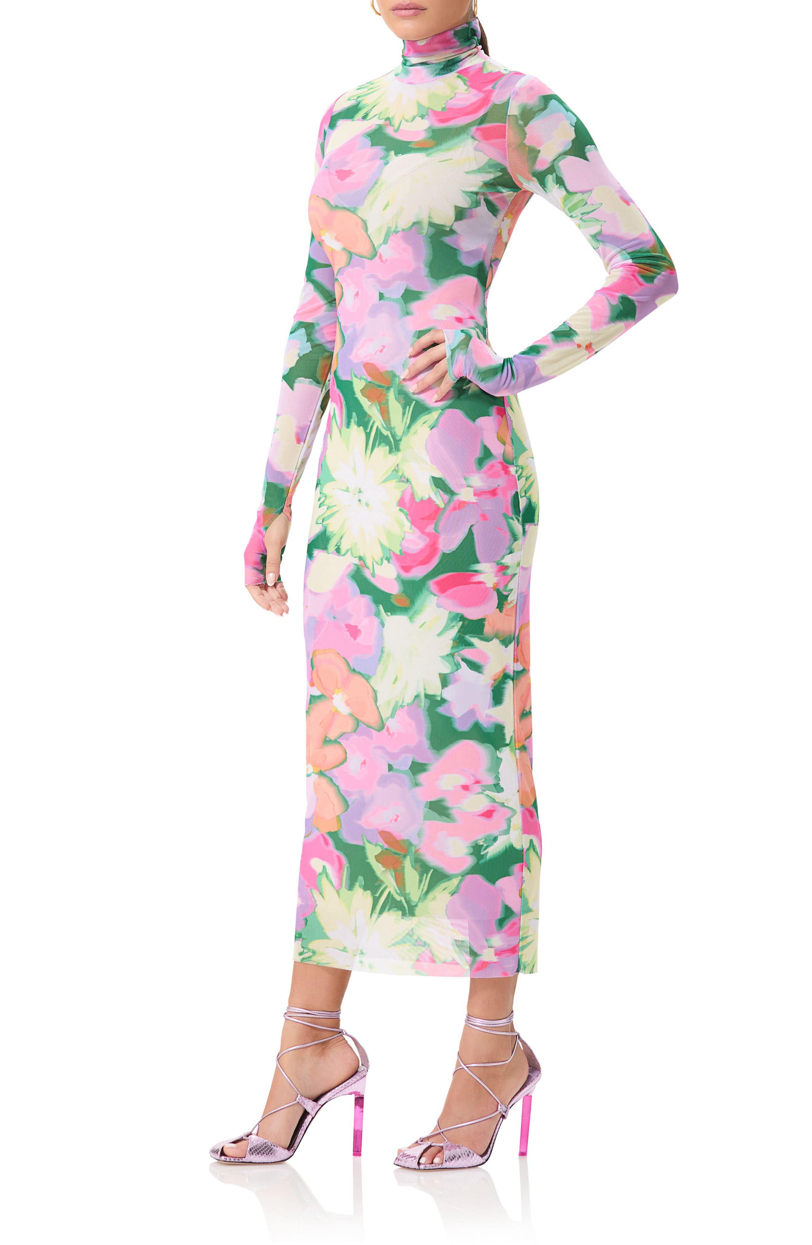 knee length dresses for ladies Long Sleeve Printed Mesh Turtleneck Dress 1x - Multicolor | Rachel Antonoff - 1x