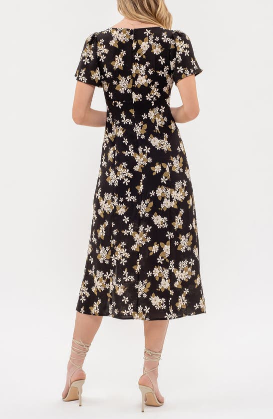 Shop Blu Pepper Floral Print Side Slit Midi Dress In Black Multi