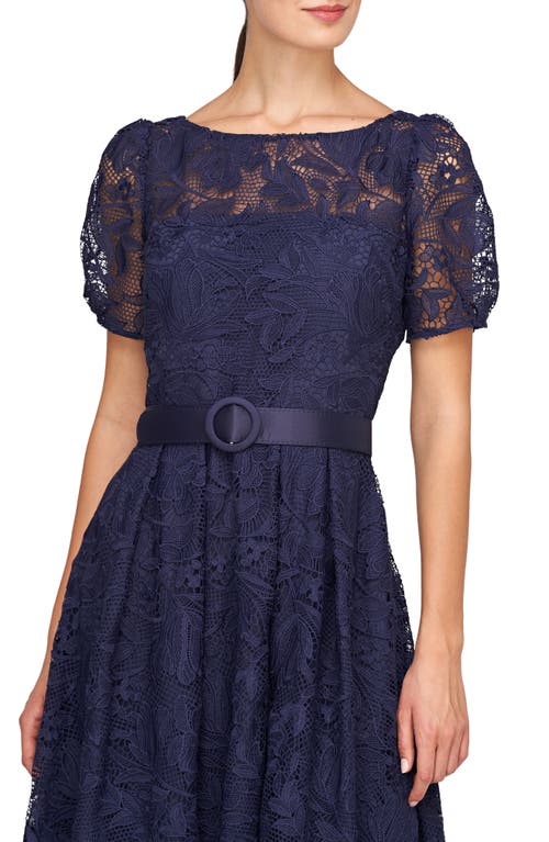 Shop Kay Unger Haisley Belted Lace Cocktail Dress In Dark Twilight