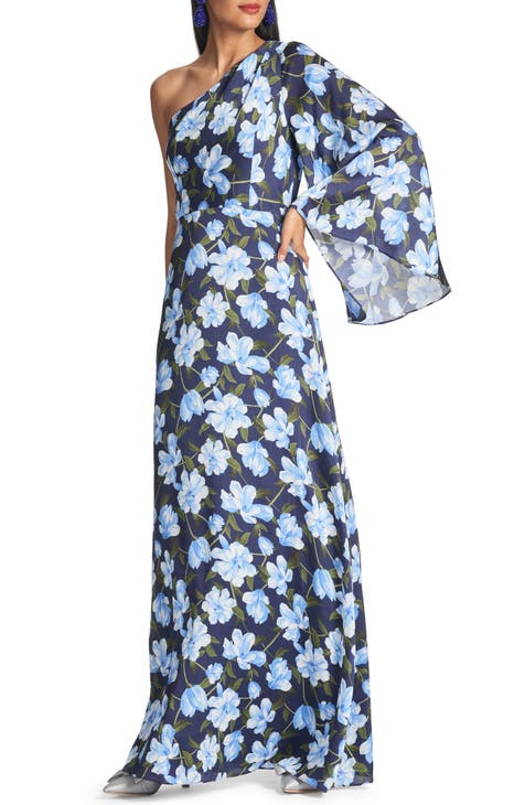 Keely Floral One-Shoulder Long Sleeve Gown