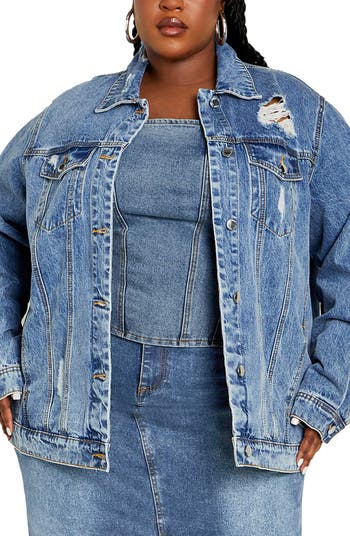Distressed plus 2025 size denim jacket