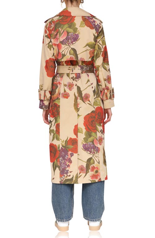 Shop Avec Les Filles Rose Print Belted Double Breasted Cotton Blend Trench Coat In Tan Portofino Rose