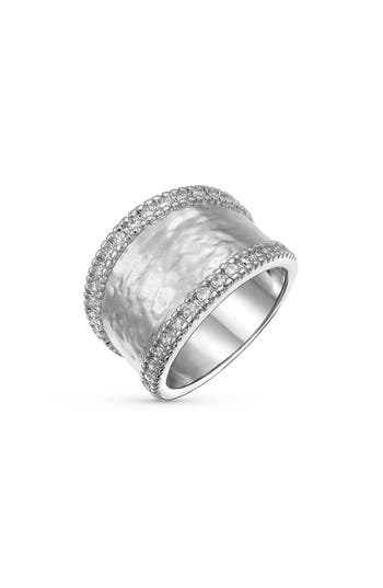 Bling Jewelry Pave Cz Hammered Wide Band Ring In Silver-tone