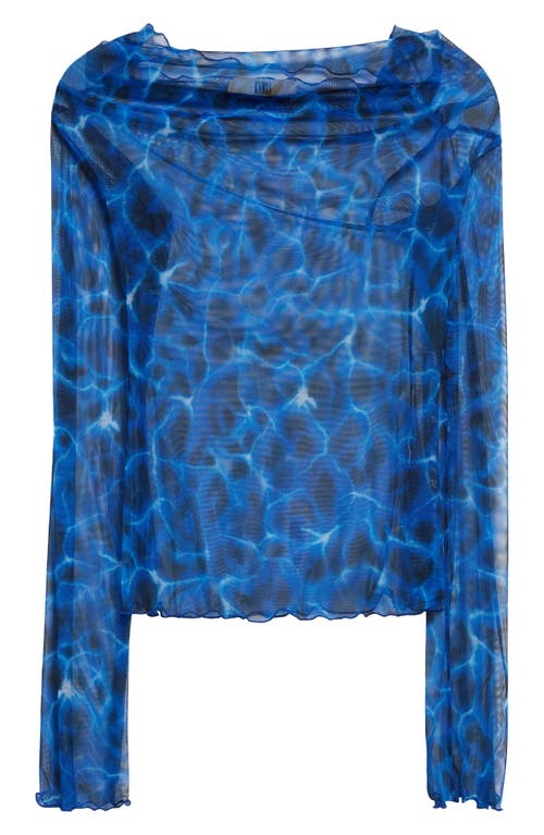 Sheer Embroidered Long Sleeve Mesh Top in Aqua Leo