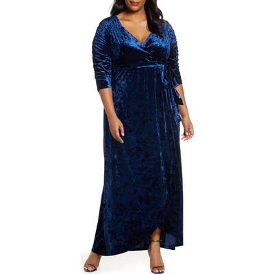 Plus Size Kiyonna Cara Crushed Velvet Wrap Gown, Blue
