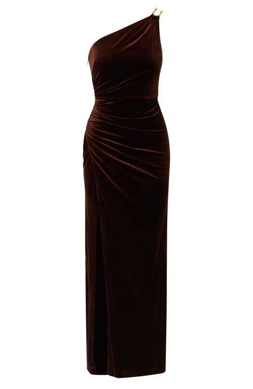 Adrianna Papell One-shoulder Velvet Column Gown In Dark Brown