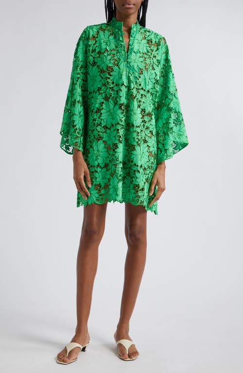 Open Floral Lace Cover-Up Mini Caftan in Bright Green