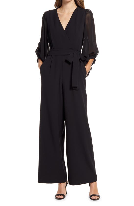 Donna Ricco Long Sleeve Wrap Jumpsuit In Black | ModeSens