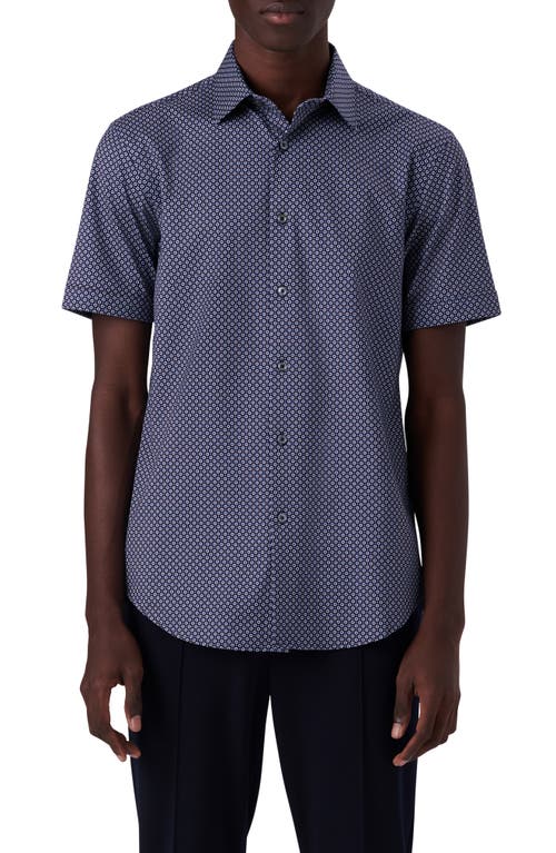 Bugatchi OoohCotton Geometric Print Short Sleeve Button-Up Shirt in Navy at Nordstrom, Size Small