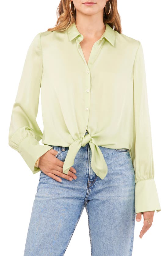 Shop Vince Camuto Tie Front Long Sleeve Charmeuse Shirt In Foam Green